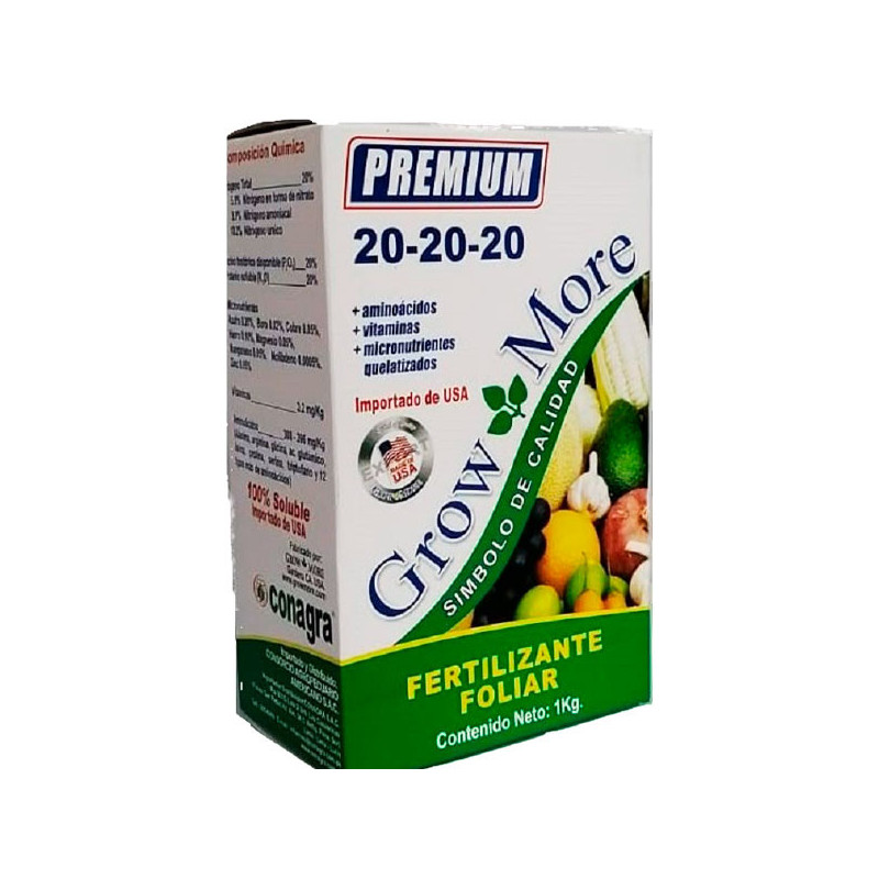 Grow More 20-20-20 1Kg, NPK Micronutrientes Aminoacidos Vitaminas Fertilizante Foliar Polvo Cristalizado, Conagra 33.050847 Gro Grow More 20-20-20 1Kg, NPK Micronutrientes Aminoacidos Vitaminas Fertilizante Foliar Polvo Cristalizado, Conagra 33.050847 Gro