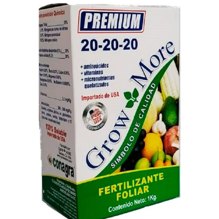  Grow More 20-20-20 1Kg, NPK Micronutrientes Aminoacidos Vitaminas Fertilizante Foliar Polvo Cristalizado, Conagra 33.050847 Gro