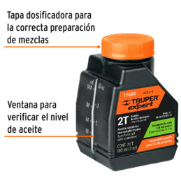 Aceite Sintetico 100ml 3oz Para 5L Gasolina motor 2 Tiempos Motos Desbrozadoras Motosierras, Truper ACES-5 17624