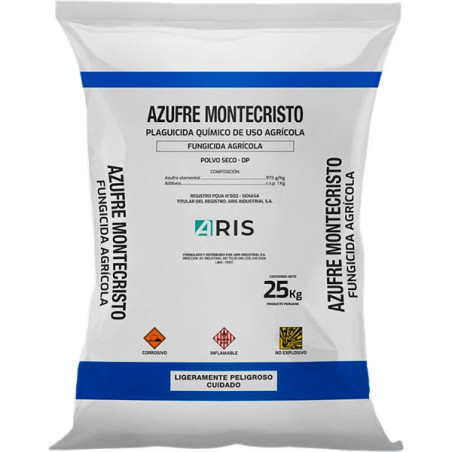 Azufre Montecristo 25Kg, Azufre Polvo Seco Fungicida Agricola Accion Acarinsecticida, ARIS