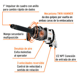 Llave Neumatica Pistola de Impacto 1" Industrial, Carcasa de Aluminio Pulido, TPN-797-6-2 11186 Truper