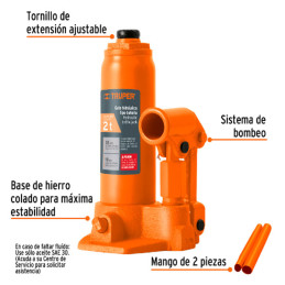 Gata de Botella 2 Toneladas, Con Tornillo de Extension, Altura Max 350 mm, GAT-2 14810 Truper