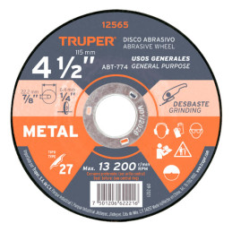Discos Desbaste 4 1/2" x6.4mm Metal Tipo 27, Centro 7/8", Oxido de Aluminio, ABT-774 12565 Truper
