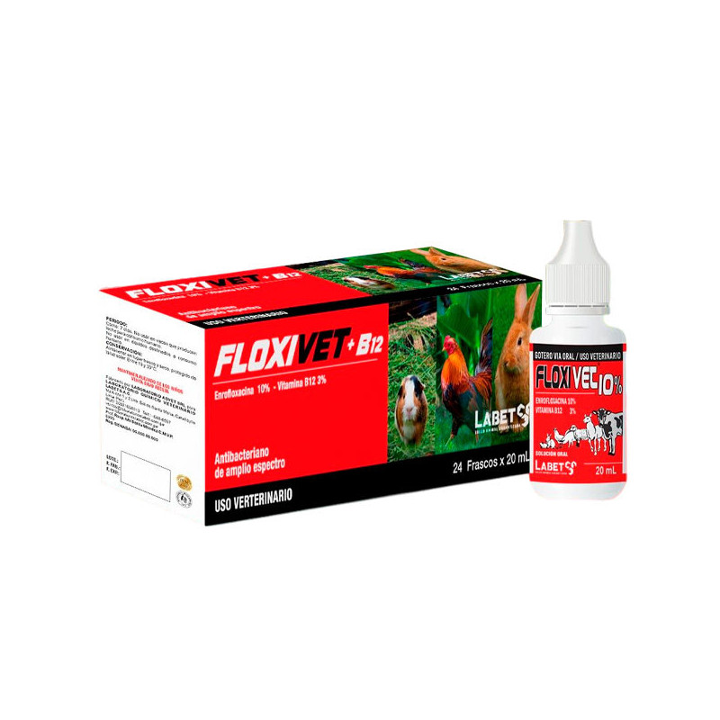 Floxivet 10%+B12 20ml Pack x 24und Enrofloxacina Cianocobalamina Antibiotico Sol Oral, Labet 116.101695 Floxivet 10%+B12 20ml P Floxivet 10%+B12 20ml Pack x 24und Enrofloxacina Cianocobalamina Antibiotico Sol Oral, Labet 116.101695 Floxivet 10%+B12 20ml P