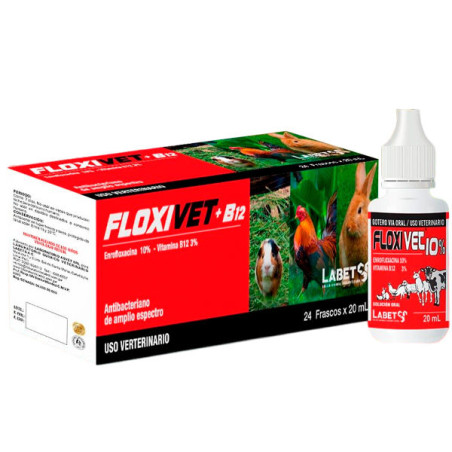  Floxivet 10%+B12 20ml Pack x 24und Enrofloxacina Cianocobalamina Antibiotico Sol Oral, Labet 116.101695 Floxivet 10%+B12 20ml P