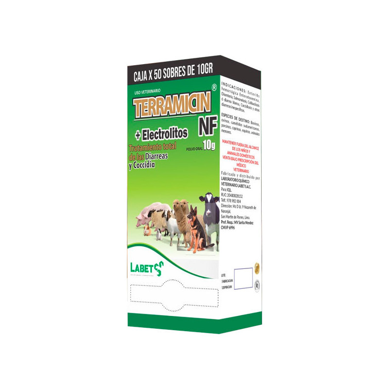  Terramicin NF 10gr Caja x 50Sobres Oxitetraciclina+ELECTROLITOS Antibiotico Antidiarrea Polvo Soluble, Labet 101.694915 Terrami