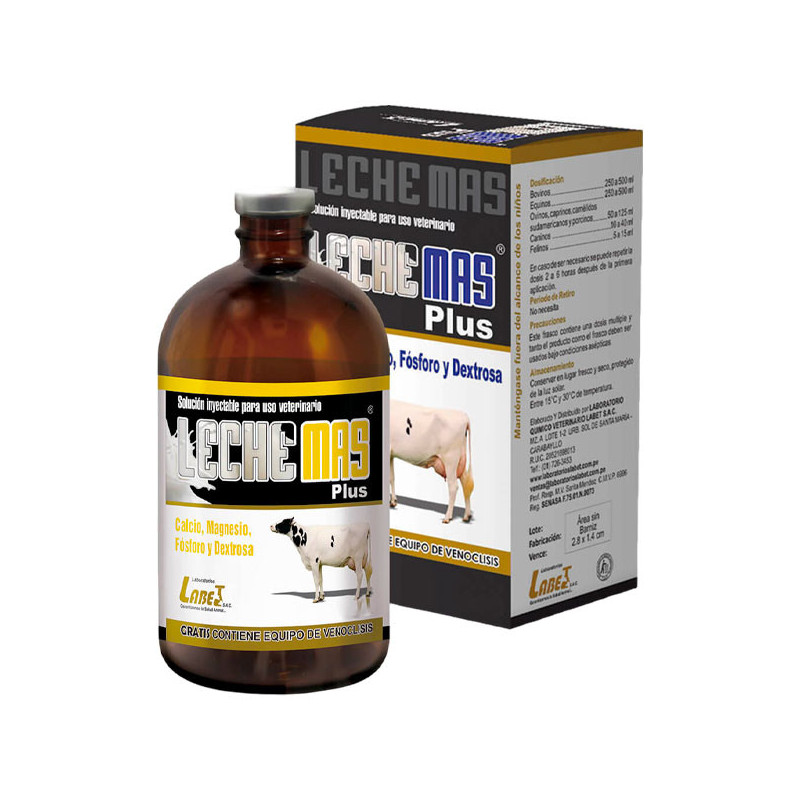  LecheMas Plus 500ml Borogluconato CaMg Reconstituyente Mineral Vitaminico Inyectable, Labet 32.20339 LecheMas Plus 500ml Borogl