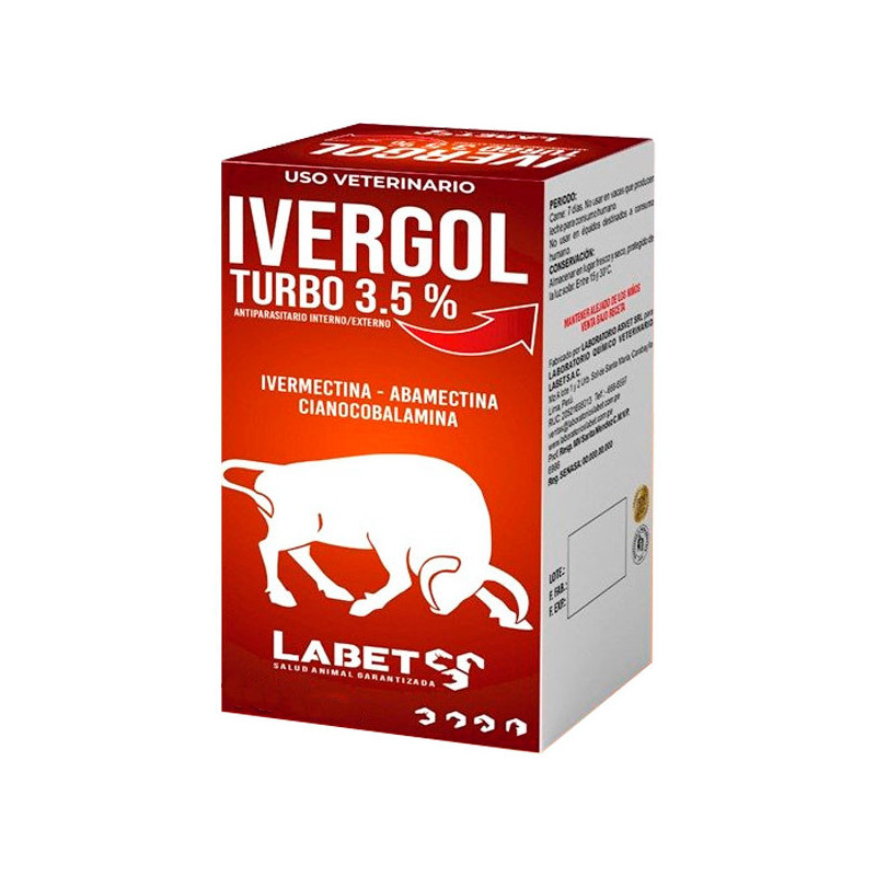 Ivergol Turbo 3.5% 250ml Ivermectina Abamectina Cianocobalamina Antiparasitario Inyectable, Labet 80.508475 Ivergol Turbo 3.5% Ivergol Turbo 3.5% 250ml Ivermectina Abamectina Cianocobalamina Antiparasitario Inyectable, Labet 80.508475 Ivergol Turbo 3.5%