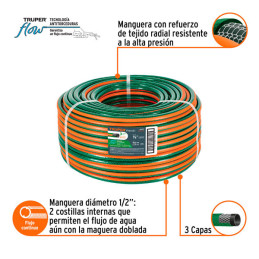  Manguera Reforzadas 3 CAPAS 1/2" Espesor 1.7mm, Pres Max Reventar 227PSI, 100 Metros 12Kg, MAN-1/2R 19857 Truper 135.59322 Mang