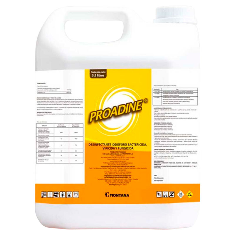 Proadine 3.5L Desinfectante Iodoforo Bactericida Viricida Fungicida Uso Veterinario, Montana 177.118644 Proadine 3.5L Desinfect Proadine 3.5L Desinfectante Iodoforo Bactericida Viricida Fungicida Uso Veterinario, Montana 177.118644 Proadine 3.5L Desinfect