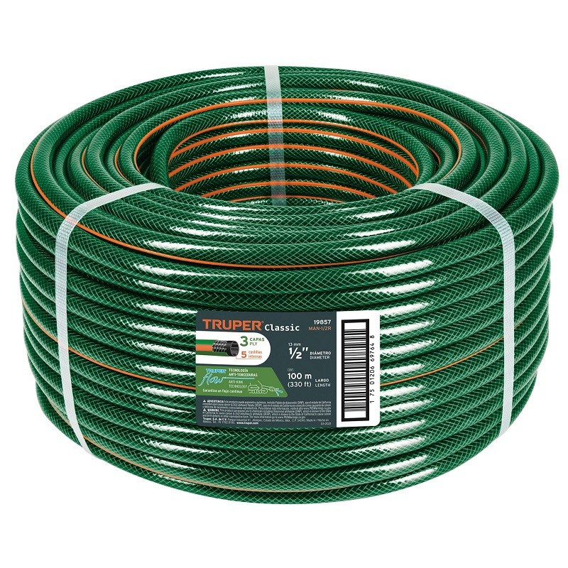  Manguera Reforzadas 3 CAPAS 1/2" Espesor 1.7mm, Pres Max Reventar 227PSI, 100 Metros 12Kg, MAN-1/2R 19857 Truper 135.59322 Mang