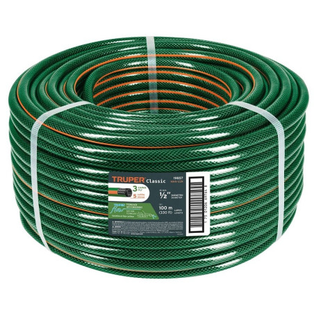  Manguera Reforzadas 3 CAPAS 1/2" Espesor 1.7mm, Pres Max Reventar 227PSI, 100 Metros 12Kg, MAN-1/2R 19857 Truper 135.59322 Mang