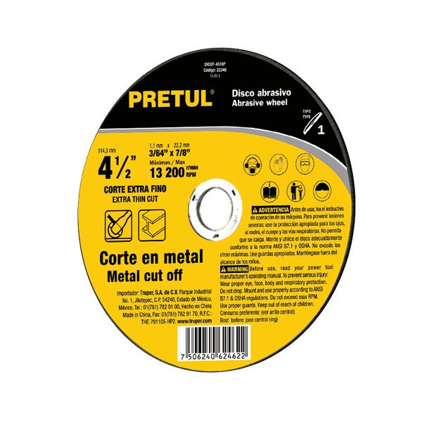 Disco Corte Metal 4 1/2" x1mm T41 Oxido de Alumino, DICOF-4510P 22348 Pretul